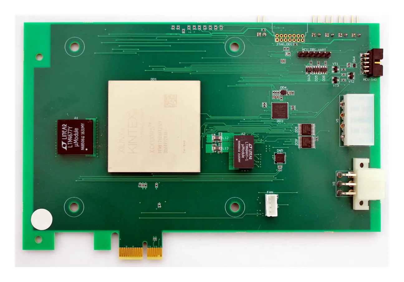 Top side of AET-PCIE-K095 FPGA board