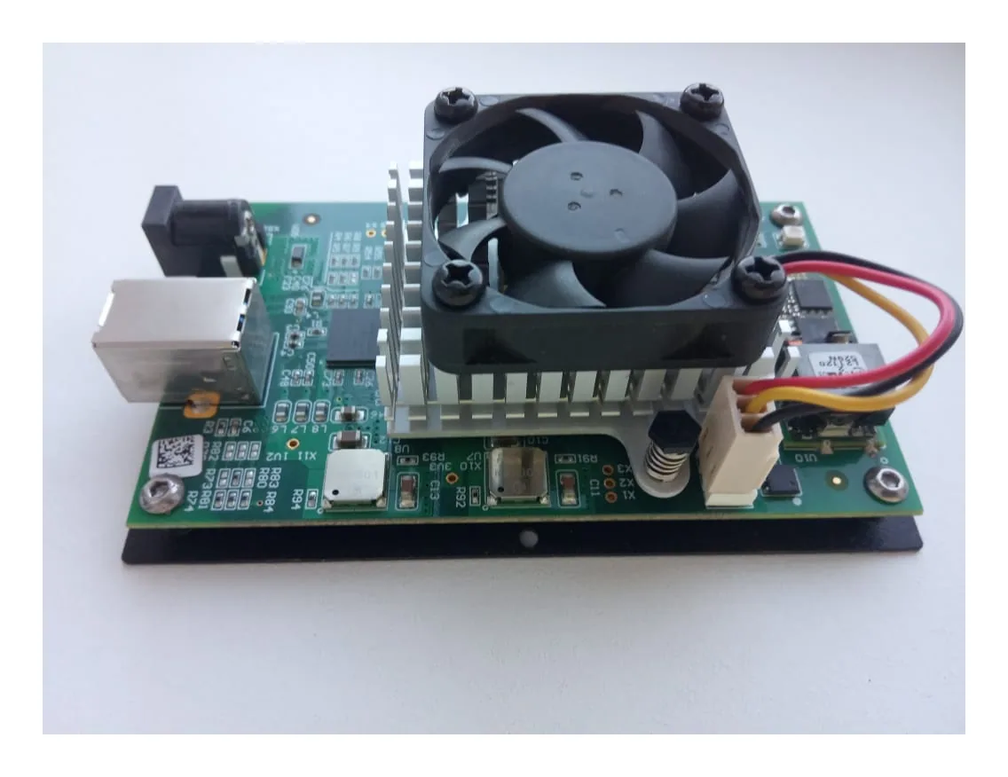 FPGA mining hardware board with cooling assembly